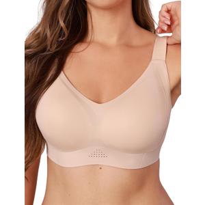 COMFELIE Seamless Wireless Bra for Fuller Bust Women No Underwire Lace Trim Deep V Underarm-Smoothing Black Nude, 4X-Large