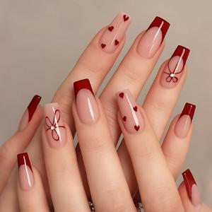 Medium Press on Nails Square Rhinestone Bow Design Fake Nails Press ons Red French Heart Acrylic False Nails Glue on Nails Reusable Nail Tips Kit Full Cover Stick on Nails for Women 24Pcs