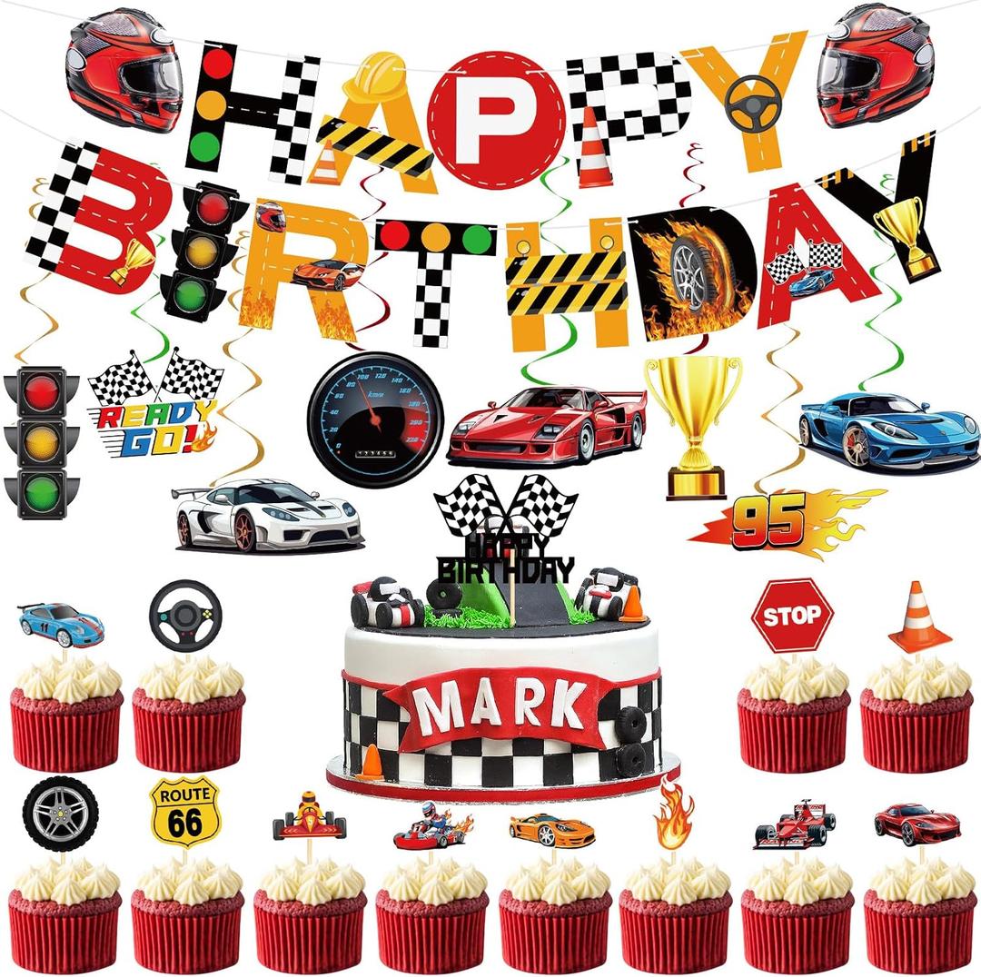 29 Pcs Race Car Birthday Party Banner, Race Car Party Decorations Include Racing Logo Gas Station Checked Flag Birthday Party Supplies Boy Kid Baby Gift Party Supplies