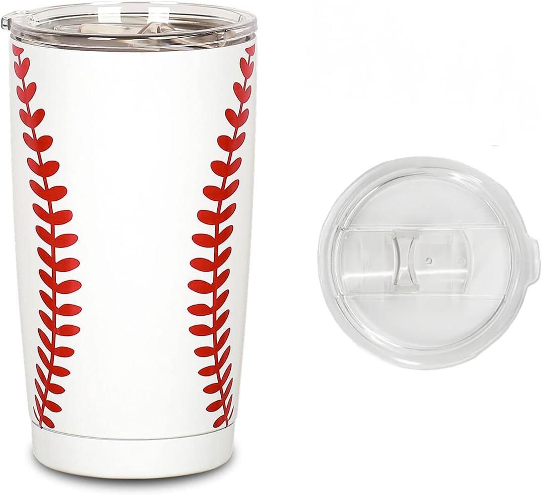 Baseball Tumbler 5D print, Comfortable Hand Feeling Extra Anti-Peeling Coating Travel Coffee Cup with Lid, Stain Steel Double Wall Mug Gift, Remain The Good Taste of HotCold Beverage 20 oz, White