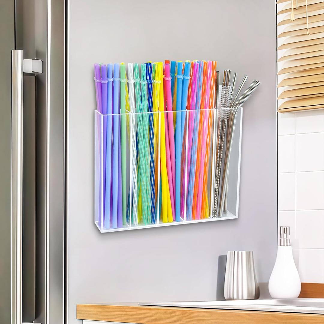 Acrylic Magnetic Straw Holder for Cabinet, Straws Storage Container for Cupboard with Double Sided Adhesive and Stickers, Drinking Reusable Straws Dispenser for Kitchen Counter