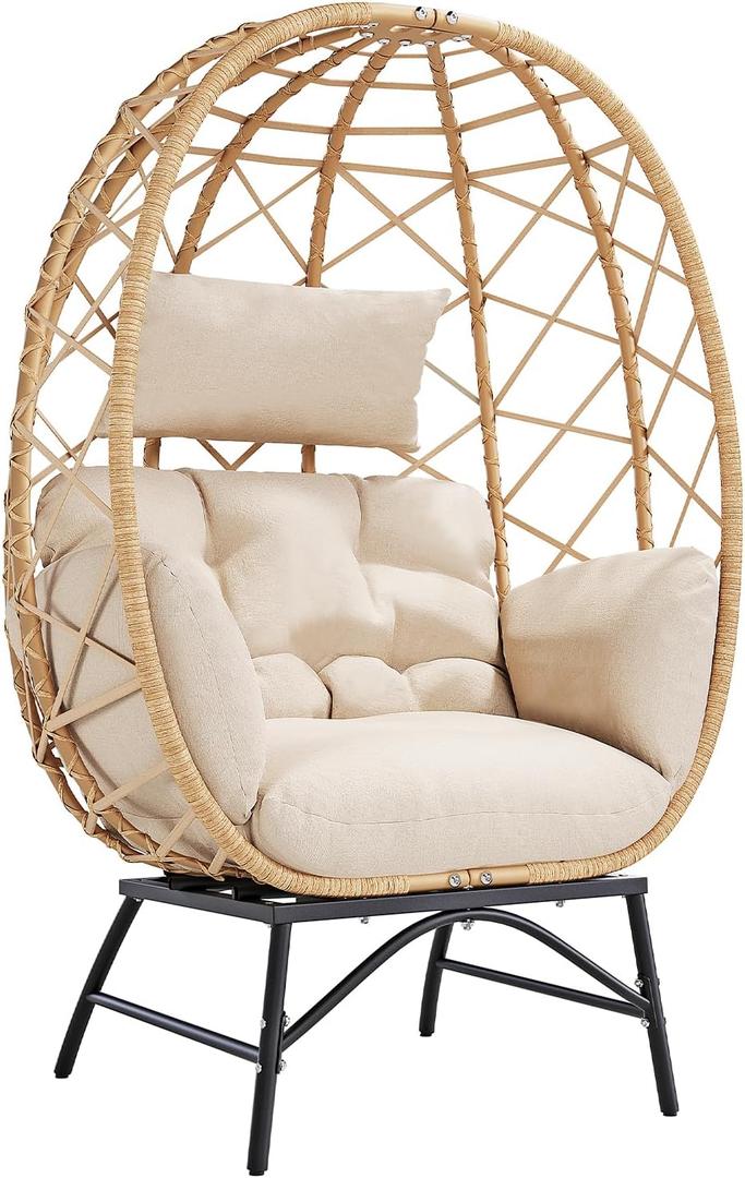 Outdoor Wicker Egg Chair with Cushion, Patio Lounge Chair, Beige, 35"