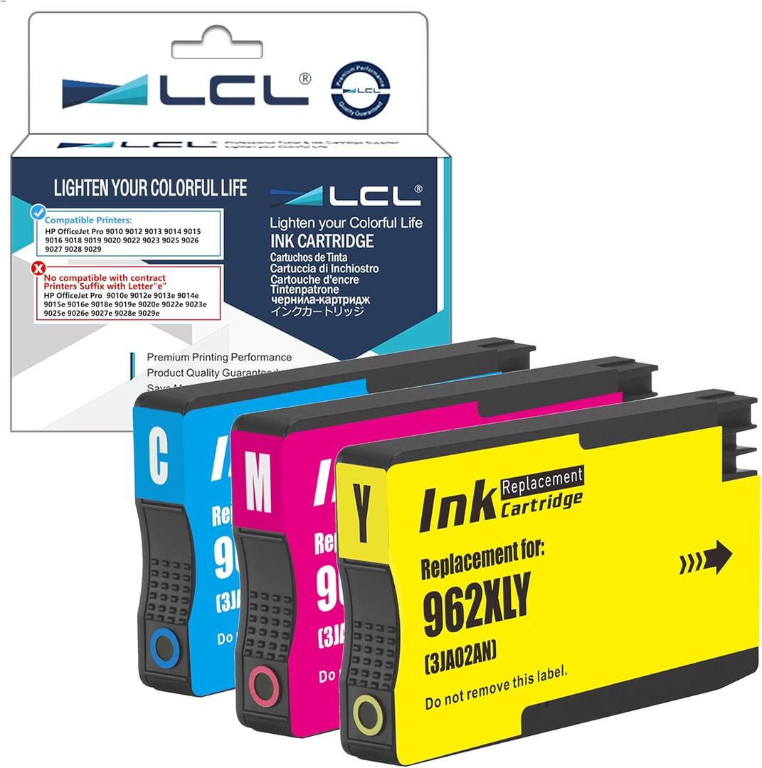 LCL 962XL Cyan Magenta Yellow Ink Cartridges Replacement for HP 962 XL Ink for HP OfficeJet Pro 9010 9012 9013 9014 9015 9016 9018 9019 9020 9022 9023 9025 9026 9027 9028 9029 Printer