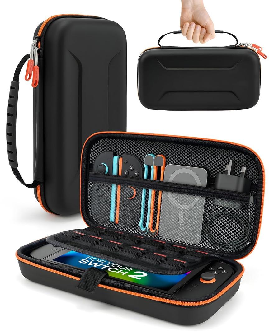 2 x TRANSNOVO Carrying Case Compatible with Nintendo Switch 2 Console & Charger, Shockproof Hard Shell Protective Cover Portable Travel Case with Game Card Slots & Inner Pocket for Accessories, Black