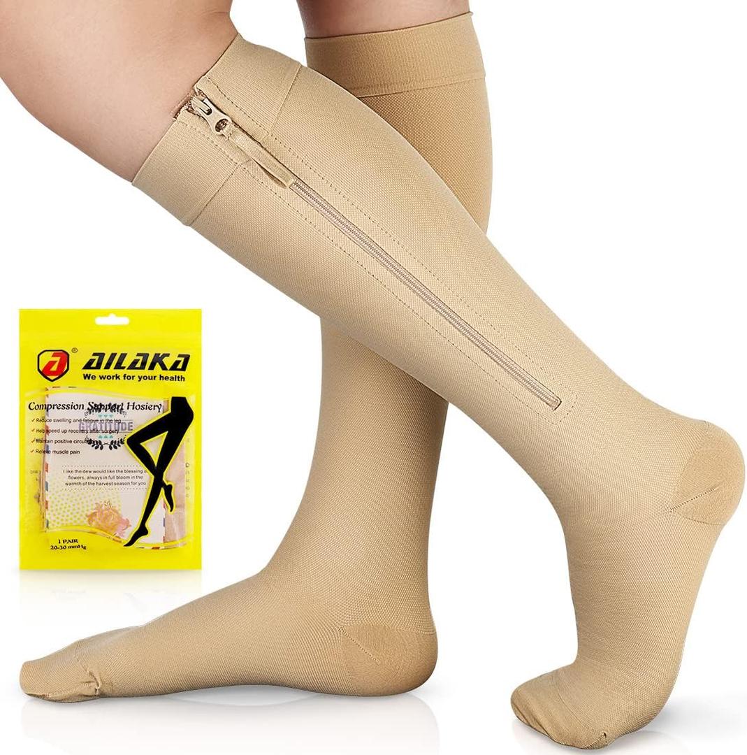 Ailaka Zipper Compression Socks for Men Women - 20-30 mmHg Close Toe Knee High Medical Compression Socks with Zipper, Zip Up Socks for Varicose Veins, Edema, Recovery, Pregnant, Nurse (3X-Large (1 Pair), Beige)