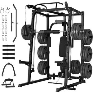 GarveeLife Smith Machine, 2000LBS Squat Rack for Home Gym, Multi-Function Power Cage Cable Crossover System Strength Training Equipment, Lat Pulldown Machines with 8 Weight Storage Pin, T-Bar and More