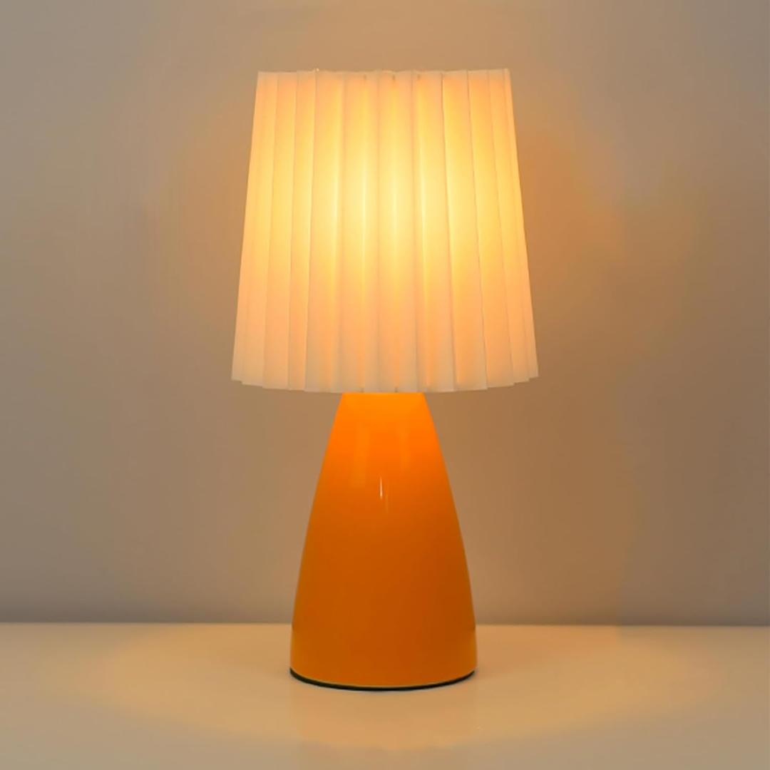 Cute Stylish Small Night Lamp, Pleated Fabric Lampshade, Ceramic Body, Adjustable Light Color and Brightness with Power-Off Memory, Safe USB Powered, LED Bedside Light (Orange)