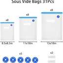 Sous Vide Bags 31 Pcs (24 Pcs Vacuum Zipper Bags & 2 Seal Clips & 5 Air Valves),Reusable BPA Free Vacuum Sealer Bags Vacuum Food Storage Bags for Cooking/Food Storage/Microwave Heating