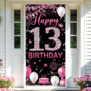 Happy 13th Birthday Decoration for Girls, Fabric 13th Birthday Banner Backdrop Hot Pink, 13 Year Old Birthday Party Yard Sign Photo Booth Props Door Decor, Indoor Outdoor(3 x 6.1ft)