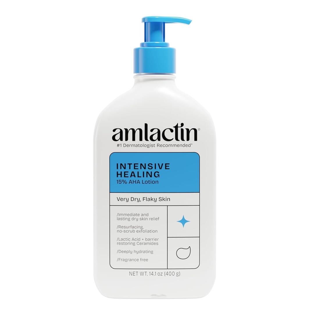 AmLactin Intensive Healing Body Lotion - Therapeutic Lotion for Extremely Dry Skin - No-Scrub Exfoliator and Moisturizer with 15% Lactic Acid AHA and Ceramides, 14.1 oz