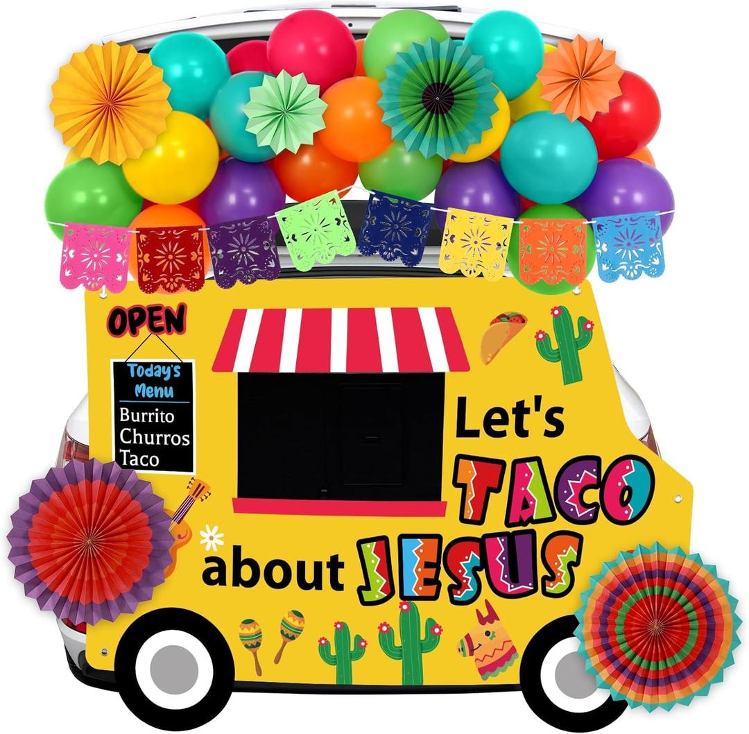 Religious Halloween Trunk or Treat Car Decorations Kit Mexican Fiesta Trunk or Treat Car Backdrop Banner Balloons Paper Fans Decorations for De Mayo Halloween Garage Door Decor Party Supplies