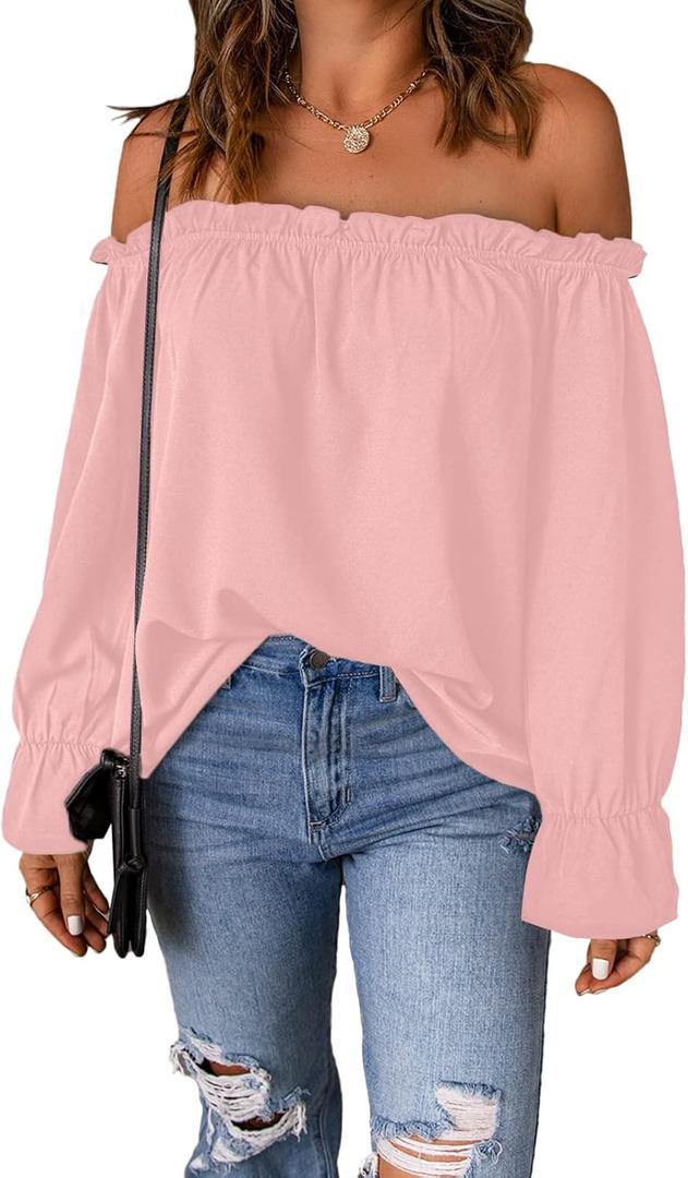 Spriolim Womens Sexy Off Shoulder Tops Long Sleeve Casual Fashion Chiffon Cute Shirts Pink, Large