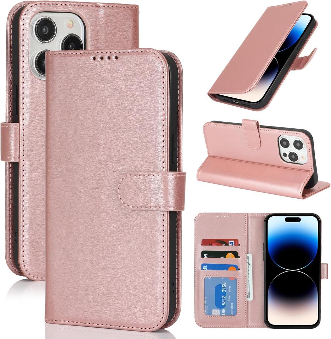 for iPhone 14 Pro Max Case Wallet with Card Holder,for iPhone 14 Pro Max Wallet Case for Women Men,PU Leather Shockproof Magnetic Buckle Stand Flip Phone Case-Rose Gold