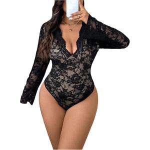WDIRARA Women's Plus Size Sexy Floral Lace Bodysuit Deep V Neck Long Bell Sleeve Leotard Tops (4X-Large Plus, Black)