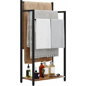 Freestanding Towel Rack, 3 Tier Blanket Ladder Stand with Rustic Brown Wooden Shelf for Bathroom Living Room (31.5H x 16.9W x7.9D)