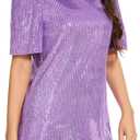 FEMI SEMI Women Puff Short Sleeve Sparkle Shift Dress Crewneck Sequin Shimmer Cocktail Party Dress (Purple, S)