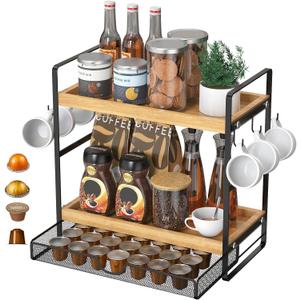 LEMIKKLE 2-Tier Wood Coffee Station Organizer with Pod Holder and Drawer, Kitchen Countertop Organizer, Coffee Bar Accessories Station with Coffee Pod Storage, Coffee Organizer (Light Brown)