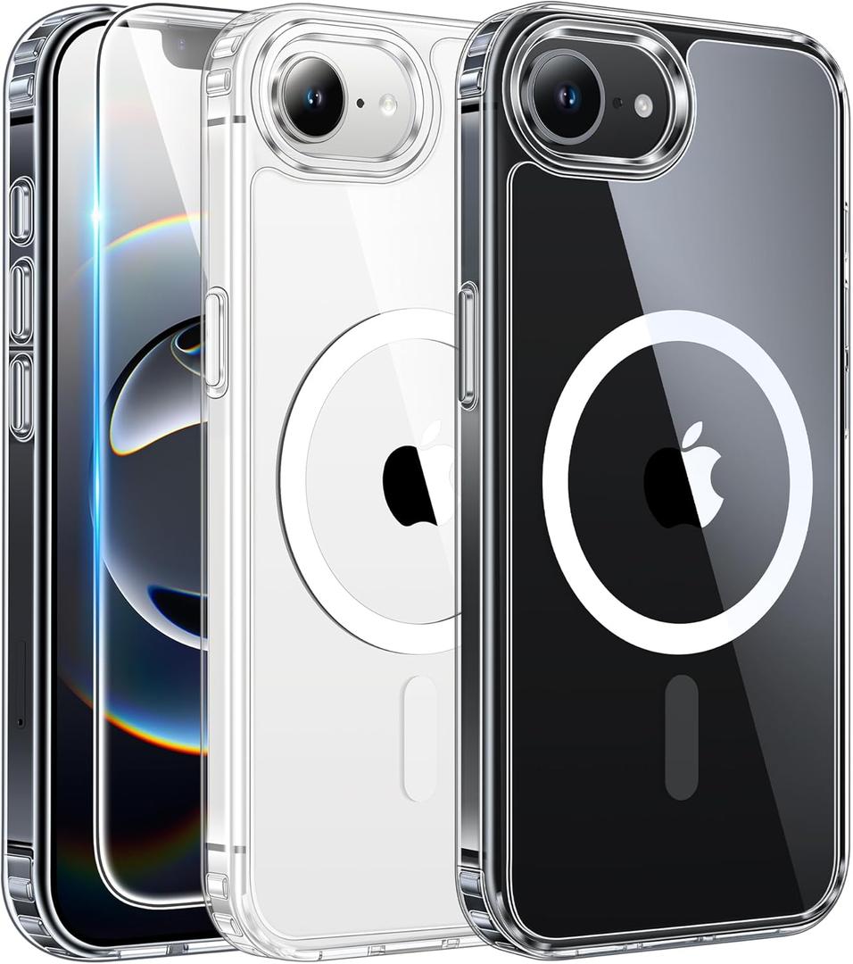 FNTCASE for iPhone 16e & iPhone 17e Case Clear: Magnetic Phone Cases with Screen Protector Compatible with Magsafe Anti Yellowing Shockproof Protective Transparent Cell Phone Cover (A-Clear)