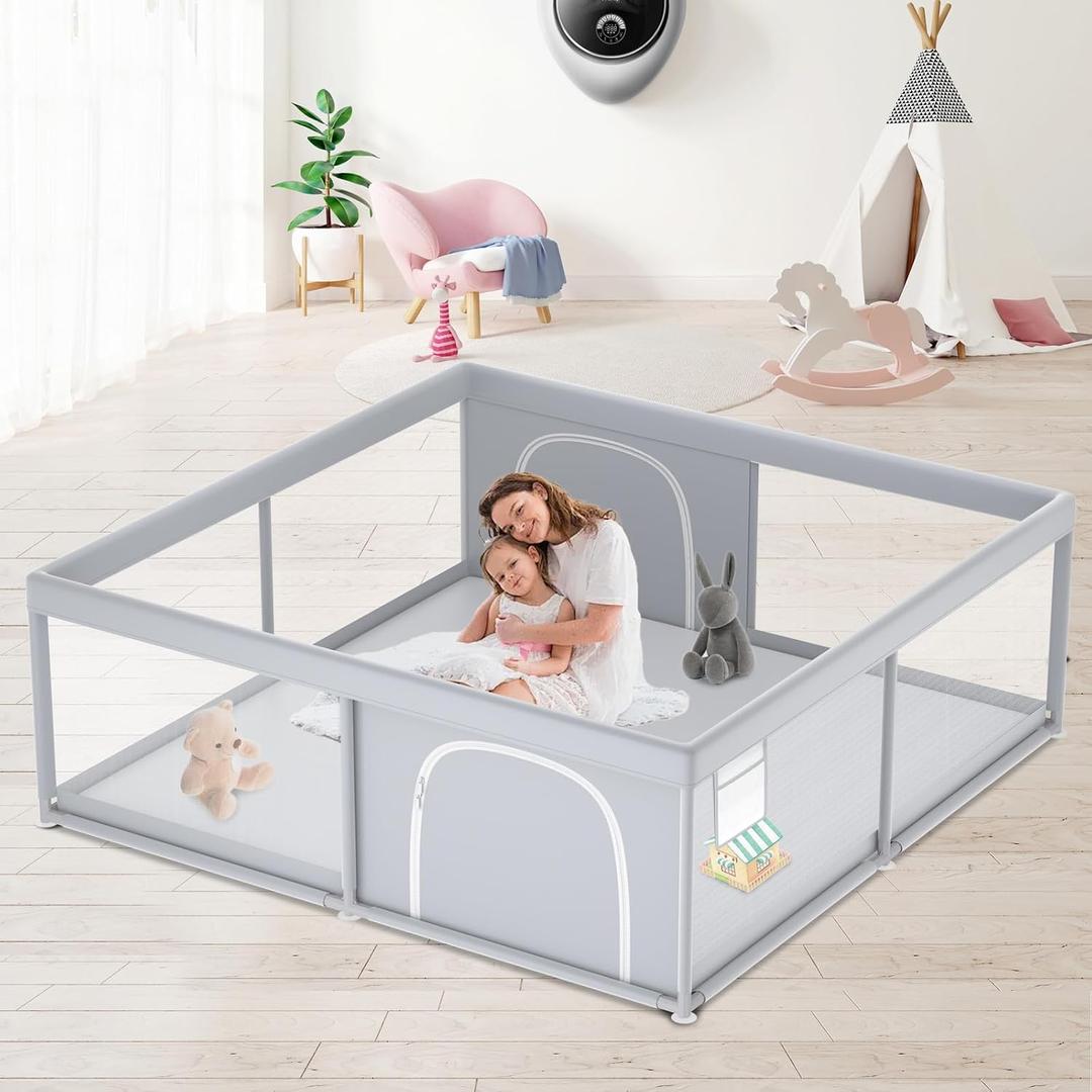 XVISHX Baby Playpen, 79''x79'' Extra Large Playpen for Babies and Toddlers, Baby Fence Play Pen for Indoor & Outdoor, with Soft Breathable Mesh Grey
