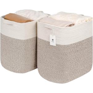 Tall Storage Baskets for Clothes Fabric Cotton Rope Storage Basket bin with Handles, Decorative Woven Basket for Living Room,Closet Organizer Blankets, and 2bags Brown 17.8W12.5H17.9) (L17.8W12.5H17.9, White Brown)