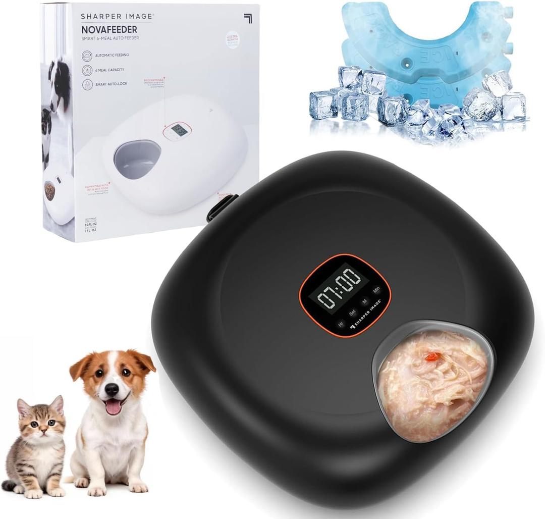Automatic Cat Feeder Wireless, Sharper Image Auto Cat Food Dispenser for Wet Food with 2 Ice Packs, Rechargeable Auto Feeder for Cats with Programmable Timer Low Battery Indicator, Black
