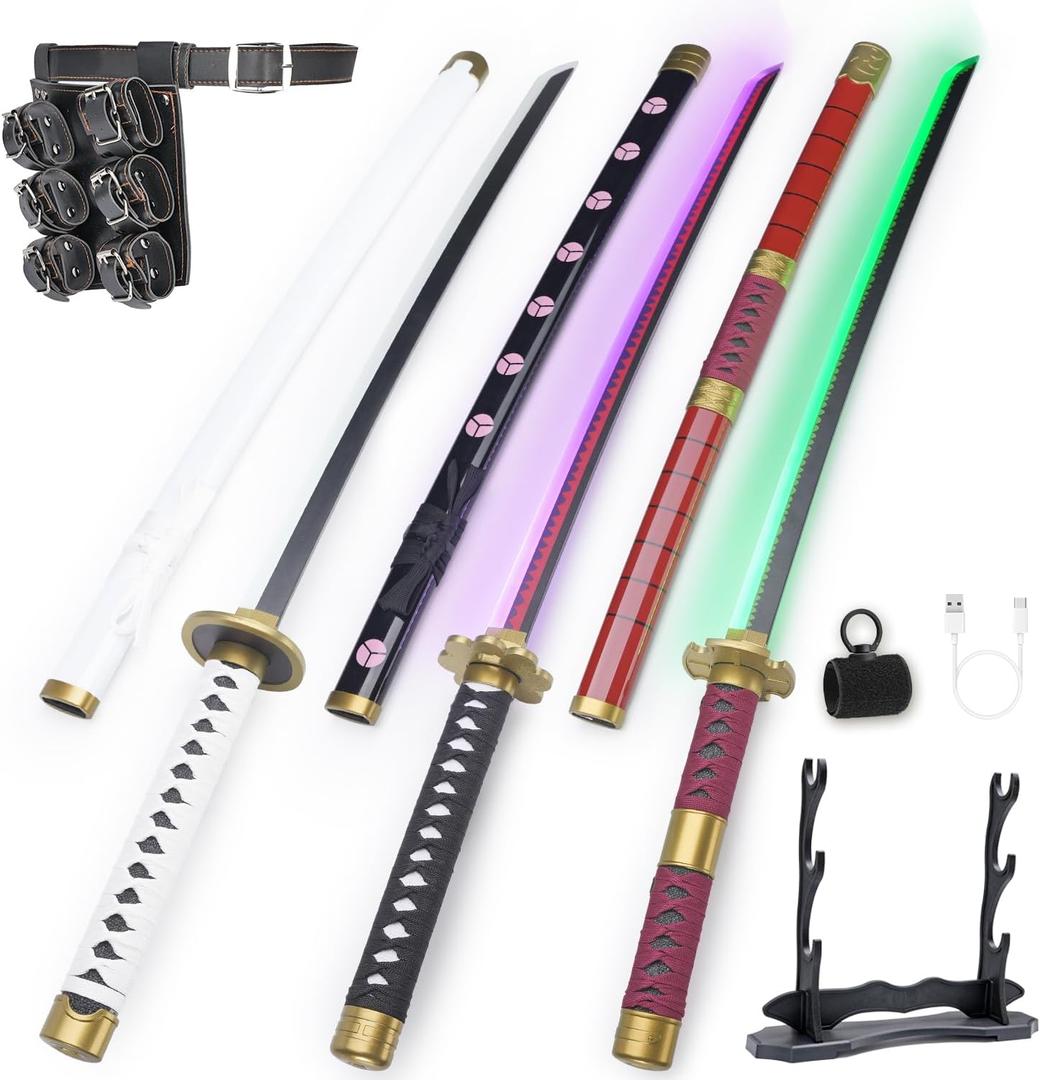 RENGENG Light Up Sword, 40 Inches Rechargeable Pre-Assembled Plastic Replica Anime Sword with Belt & Stand & Spinner (3 Piece-kitetsu+shusui+wado)