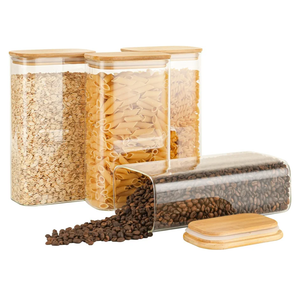 56oz Rectangle Airtight Glass Storage Containers with Bamboo Lids (Set of 4), Square Food Storage Jar, Pantry Organizers for Oats, Cereal, Pasta and Coffee beans (‎with Black Lable)