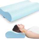Anvo Memory Foam Pillow, Neck Contour Cervical Orthopedic Bed Pillow for Sleeping Side Back Stomach Sleeper, Ergonomic Design for Neck and Shoulder Pain Relief, Blue White, (Soft - Standard (24 x 13.4 x 4.7 inches))