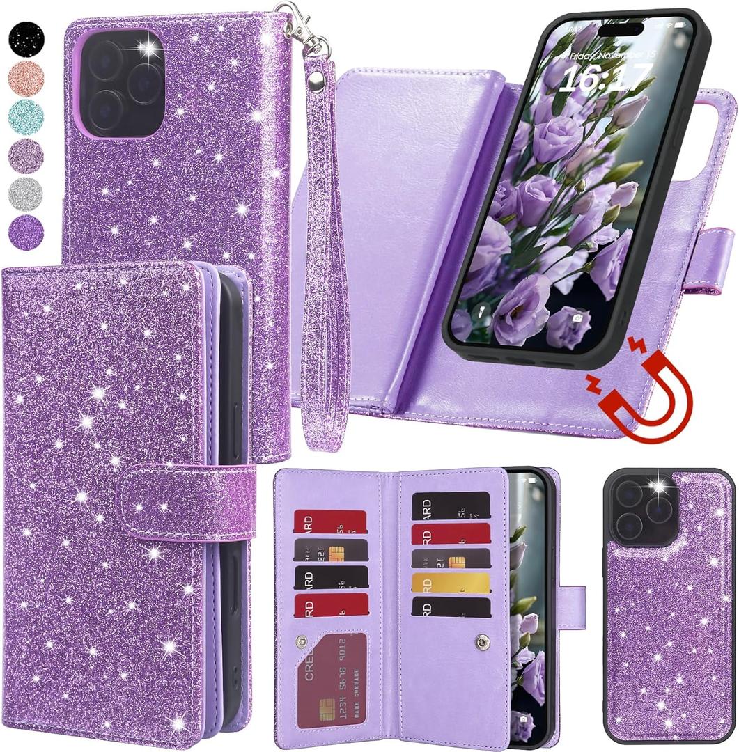 Varikke for iPhone 14 Pro Wallet Case Detachable with Card Holder for Women, Fashion Glitter Leather Strap Strong Magnetic Flip Wallet Removable Phone Case Cover for iPhone 14 Pro 6.1", Light Purple