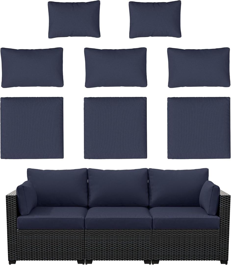 8p Outdoor Cushion Slipcovers Outdoor Patio Cushions Covers Replacement Waterproof with Zipper for 3-Seat Outdoor Rattan Sofa Patio Furniture Cushion Covers Navy Blue, Covers Only