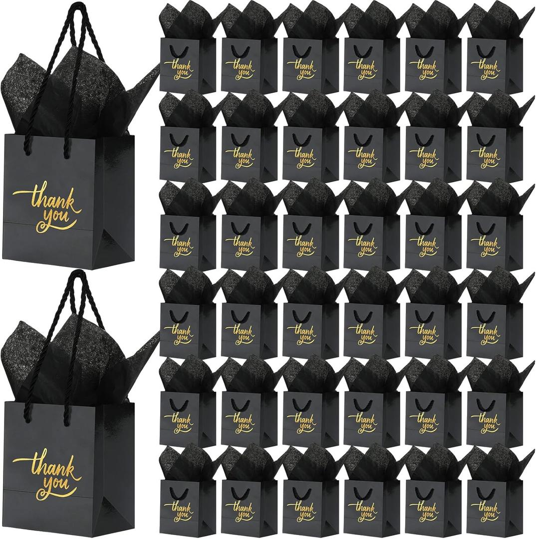 Yeaqee 100 Pack Mini Gift Bags Bulk 4 x 2.75 x 4.5 Inch Small Thank You Paper Bags with Handle and Tissue Paper for Wedding Birthday Baby Shower Business Graduation Party Favors(Black)