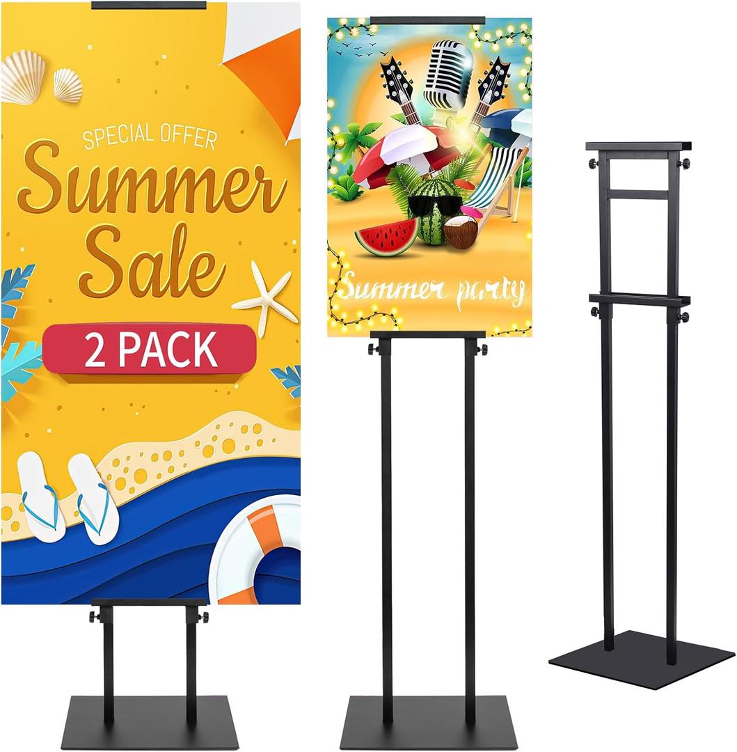 Poster Stand Heavy Duty - 2 Pack Pedestal Poster Stands for Display, Adjustable Height up to 80 Inch, Double Sided Black Floor Standing Sign Holder for Foam Board Signage