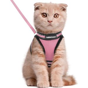 rabbitgoo Cat Harness and Leash Set for Walking Escape Proof, Adjustable Soft Kittens Vest with Reflective Strip for Cats, Comfortable Outdoor Vest, Pink, L