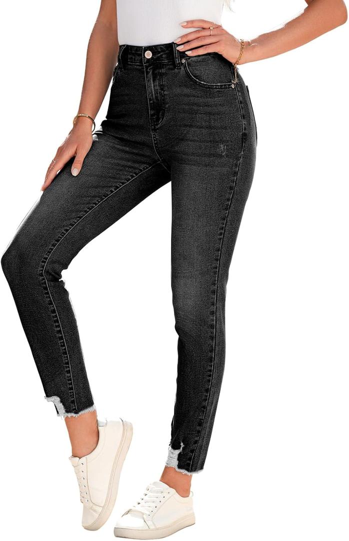 SHEWIN Women's Ripped Shaping Skinny Jeans Distressed Raw Hem Stretchy Denim Pants (8, Black)