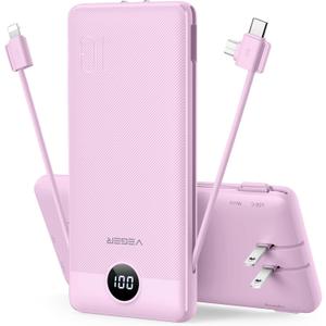 VEGER Portable Charger with Built-in AC Plug and Cables, All in One 10000mAh Ultra Slim Power Bank Travel Essentials, Fast Charging Battery Pack Compatible with iPhone, Samsung, Android (Purple)