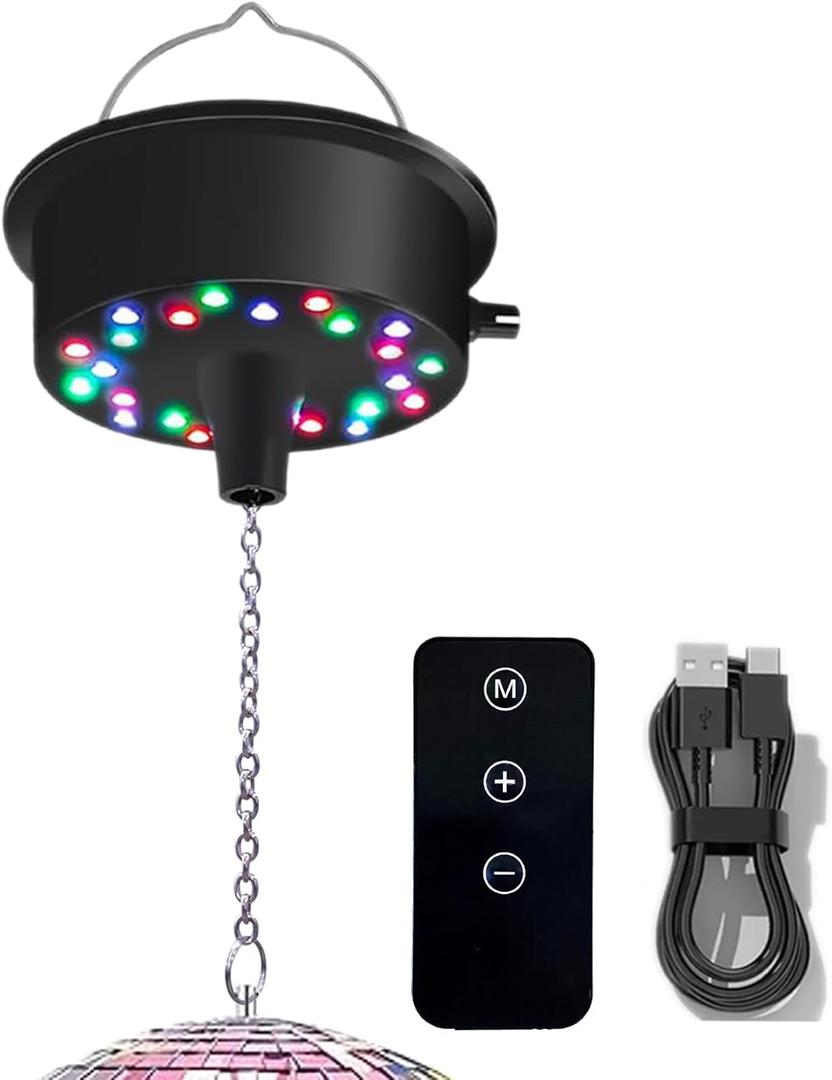 Remote Control Rotating Motor with Chain 5RPM-10RPM Adjustable Speed Motor with 24 LED Beads for Disco Lighting Suit for 6 8 12 Inch Mirror Ball (Not Included Ball)