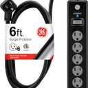 GE Surge Protector Power Strip, 6 Ft Extension Cord, 6 Outlet Extender, 800 Joules, Flat Plug, Twist-to-Close Safety Covers, ETL Listed, Black, 33661