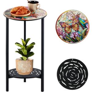 2-Tier Metal Round Side Table Black Accent Coffee Tables Small Space Corner Plant Stand Shelf for Indoor Outdoor Use Patio Balcony End Table Butterfly Print Weather-Resistant