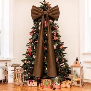 Knitgrip 20 x 71 Inches Christmas Extra Large Velvet Bows Christmas Tree Topper Decor Giant Xmas Tree Toppers Bows for Home Wreath Wall Backdrop Birthday Wedding Party Decorations(Brown)
