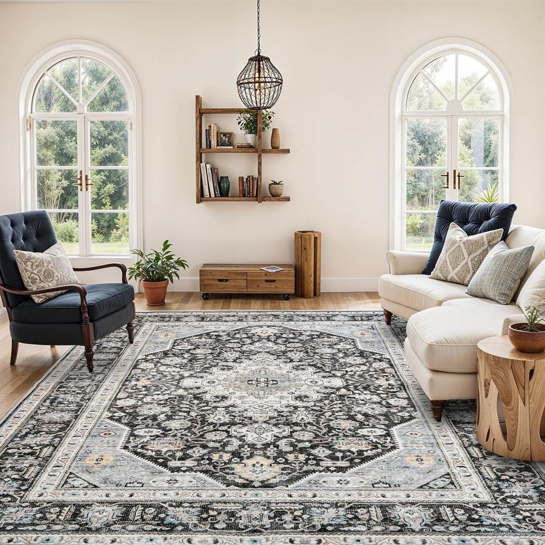 Washable Area Rug 8x10 - Bedroom Living Room Large Indoor Rugs Soft Oriental Vintage Rugs Non-Slip Backing Stain Resistant for Farmhouse Kitchen (Slate Grey/Black 8x10) (8' x 10', Black/Grey)