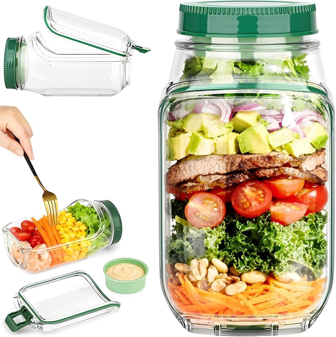 Side Open Portable Salad Container, Leakproof Meal Preparation Container with Dressing Compartment for Travel Office Lunch Jar Set
