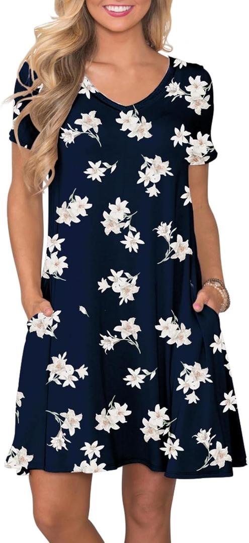 Women's Casual T Shirt Dress Summer Short Sleeve Swing Dresses with Pockets (X-Large, Blue-lily)