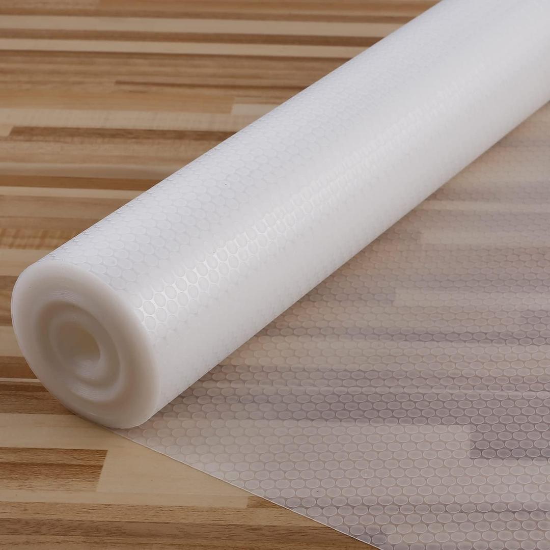 Shelf Liner Waterproof,Drawer Liner Washable,No Odor EVA Cabinet Liners Non Slip,Non-Adhesive Tool Box Liner & Shelf Paper for Cupboard,Bathroom Shelves,Shoe Rack(17.5 x 196.8 IN,Transparent) (White)