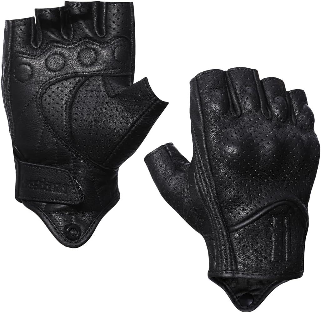 Harssidanzar Men's Motorcycle Gloves Leather Perforated Motorbike Riding Driving Gloves CM044US (Medium, Black)