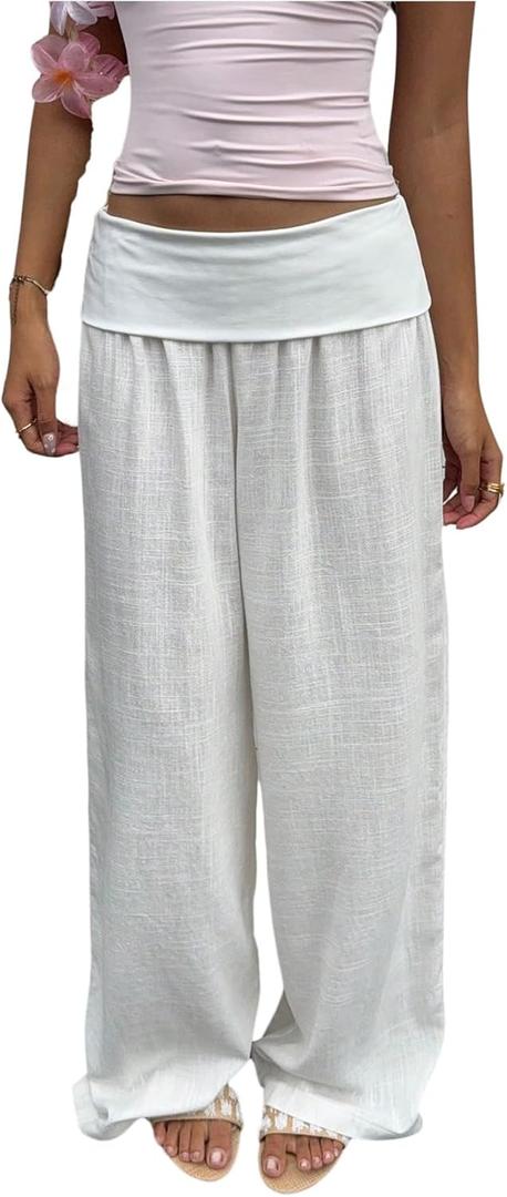 SOLY HUX Women's Wide Leg Pants Elastic Low Rise Baggy Casual Beach Long Trousers, Medium 