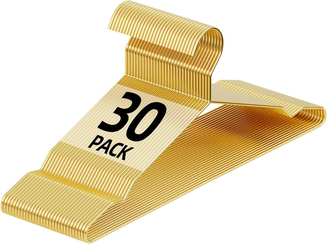 Metal Wire Clothes Hangers Bulk 30 Pack with Notches for Standard Size Coats, Shirts, Suits, Camisole, Dresses, Sturdy, Heavy-Duty, Space-Saving, Gold