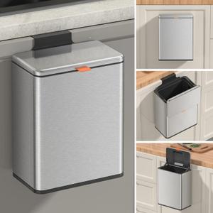 Mbillion Kitchen Compost Bin Hanging Trash Can with Lid 2.1 Gallon Stainless Steel Garbage Can for Kitchen Cabinet Door Mounted Trash Can Under Sink Door RV Bathroom, Silver