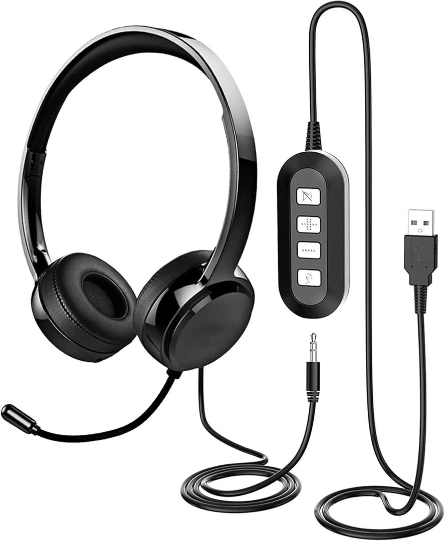 USB Headset with Microphone for PC Laptop, JabNecter 3.5mm Headphones with Microphone Noise Canceling & Volume Control, Computer Headset with Mute&Sidetone for VoIP Skype MS Teams Online Conference (1 Count (Pack of 1))