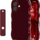 NITITOP Compatible with iPhone 16 Plus Case Cute Simple Wave Design Stylish Wavy Curly Frame with Wrist Adjustable Hand Strap Kickstand Grip Holder Soft Silicone Protective Cover - Wine Red