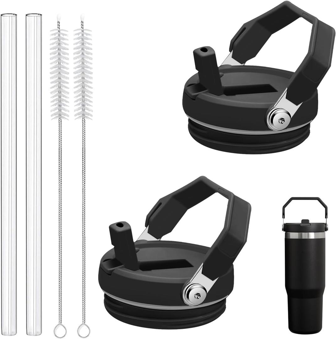 2-Pack Replacement Flip Straw Lids for Stanley IceFlow Tumbler 30oz and 20oz, Spill-Proof Cap with 2 Reusable Straws & 2 Cleaning Brushes, BPA-Free, Easy to Clean(Black)